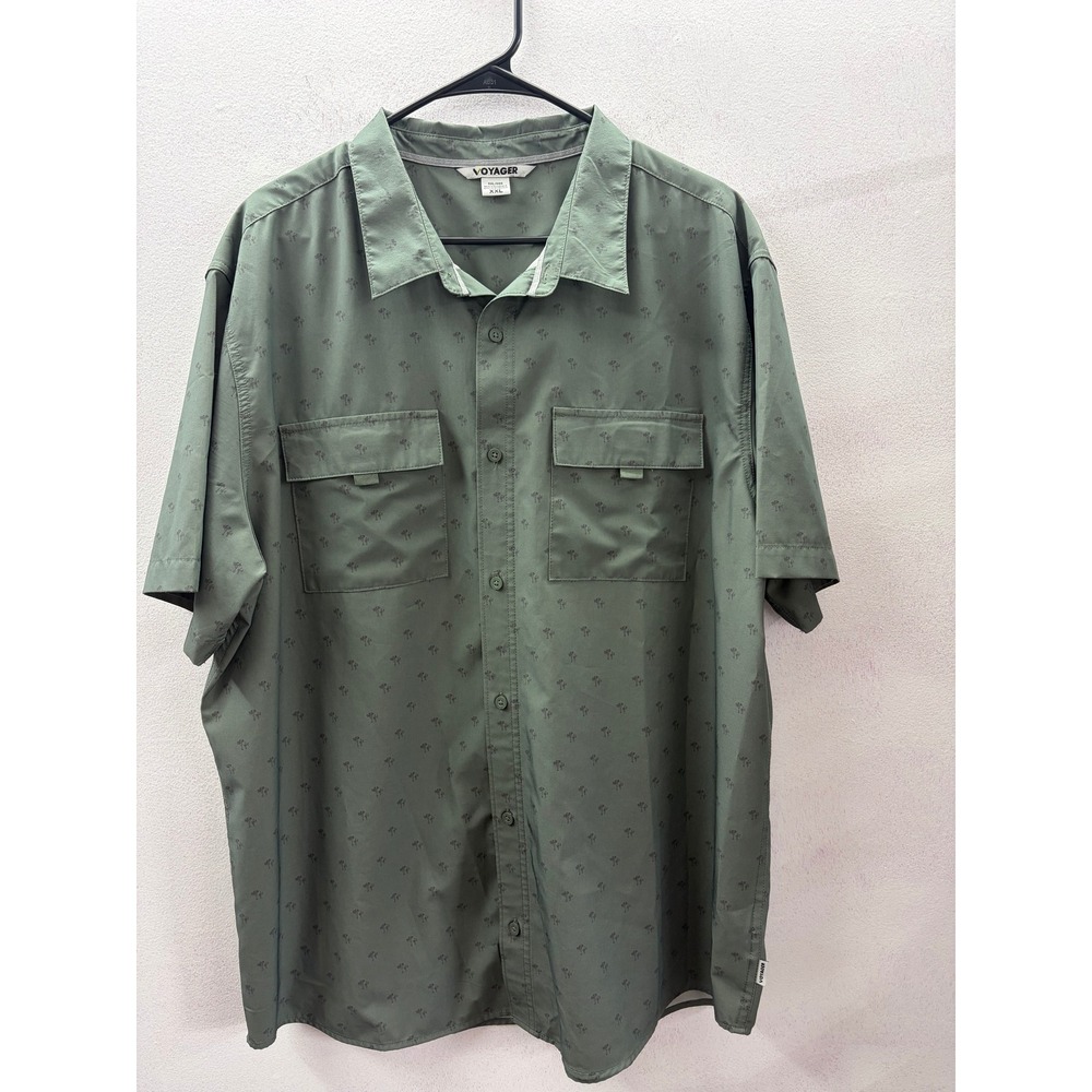 Voyager Mens XXL Olive Green Palm Tree Print Short Sleeve Button Down Shirt